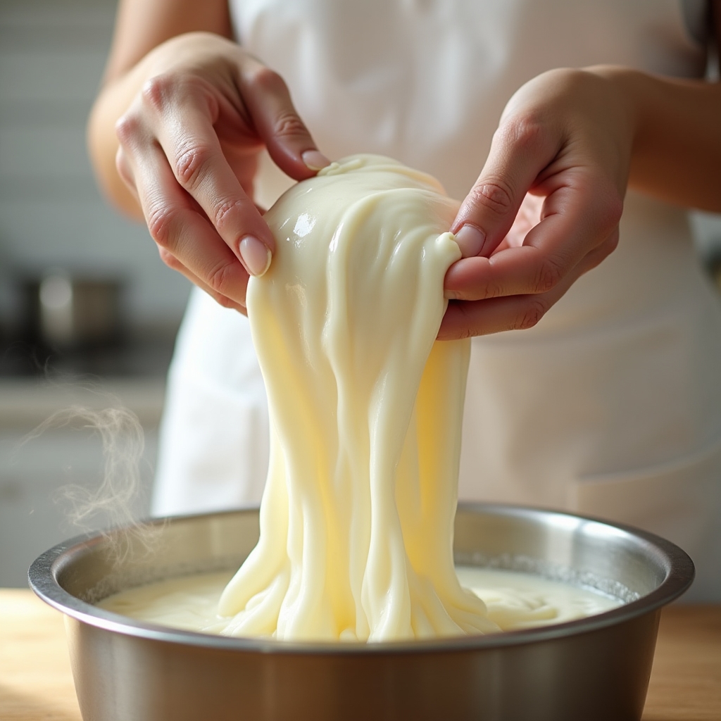 Растягивание теста моцареллы вручную